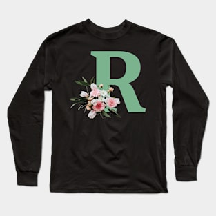 Letter R green with colorful flowers Long Sleeve T-Shirt